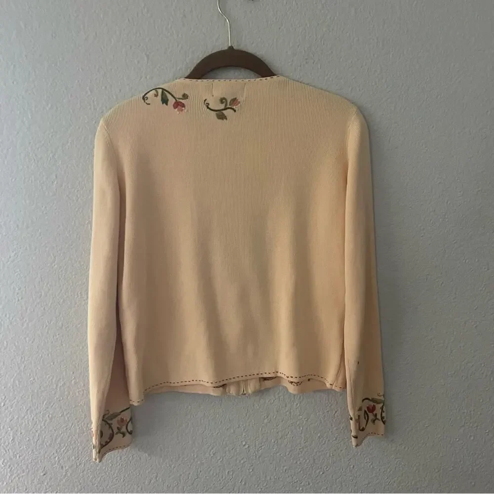 Vintage Yellow Sweater Jacket With Floral Embroidery Size small